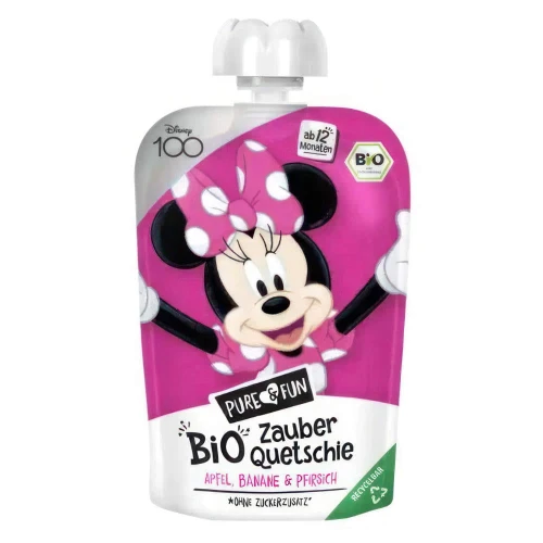 Ekologiczny przecier dla dzieci z jabłka, banana i brzoskwini BIO 100g z grafiką Myszki Minnie