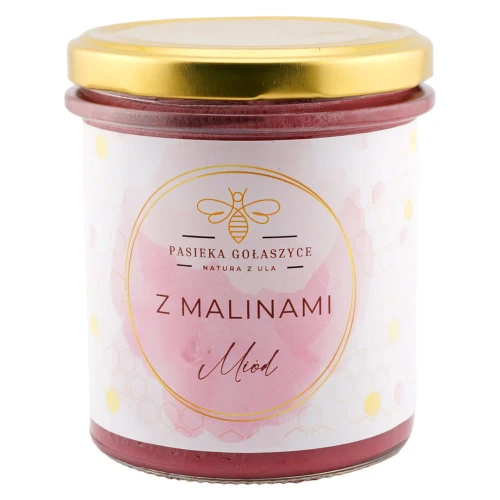 Miód rzepakowy z malinami 430g – naturalny, owocowy smak, dostępny w sklepie Rarytasy Dolnośląskie.