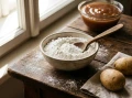 Ekologiczna skrobia ziemniaczana BIO 400 g w misce z drewnianą łyżką, obok surowe ziemniaki