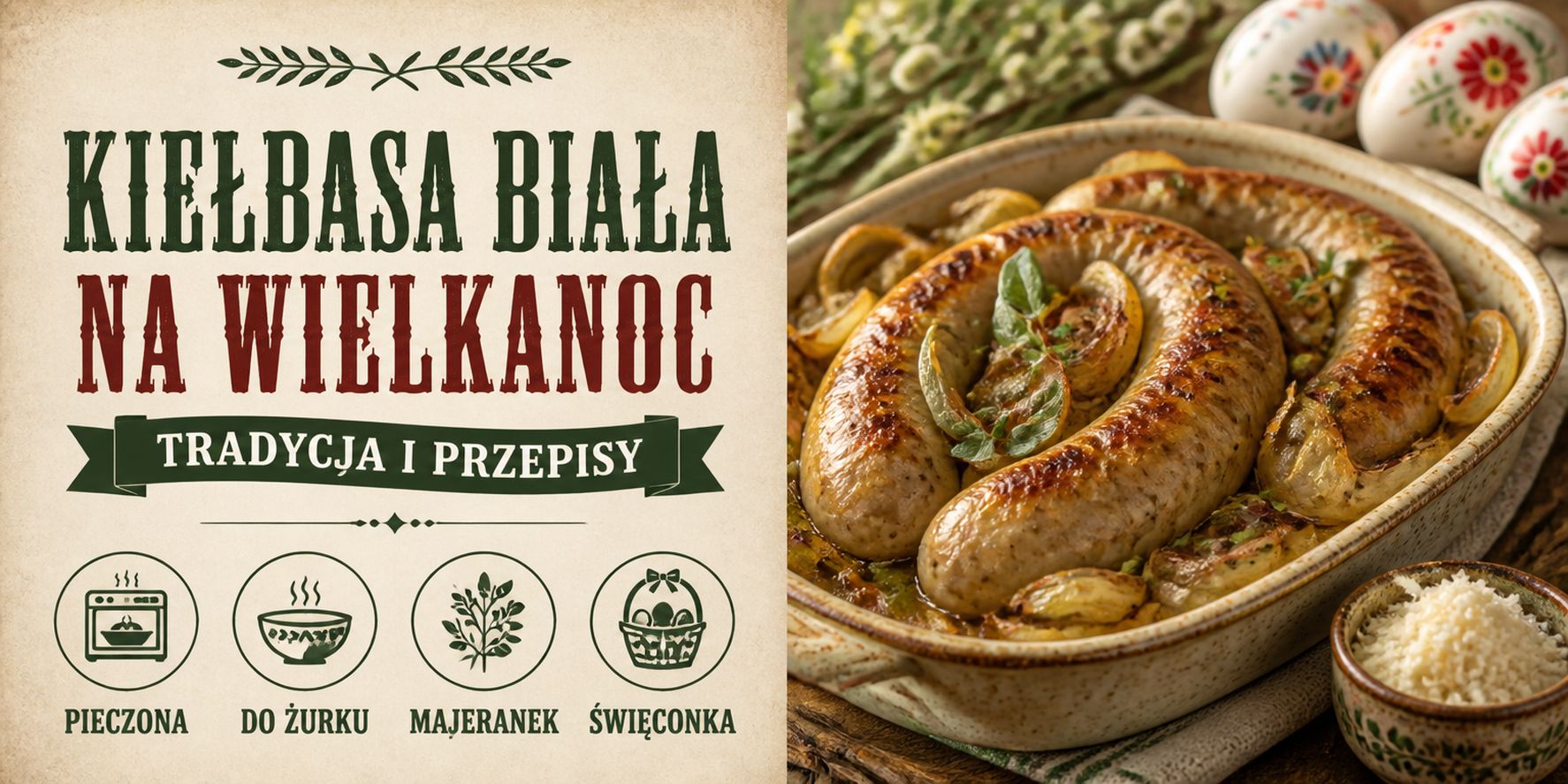 Kiełbasa biała na Wielkanoc — pieczona z cebulą i majerankiem w naczyniu żaroodpornym, obok pisanki i chrzan; tradycja i przepisy